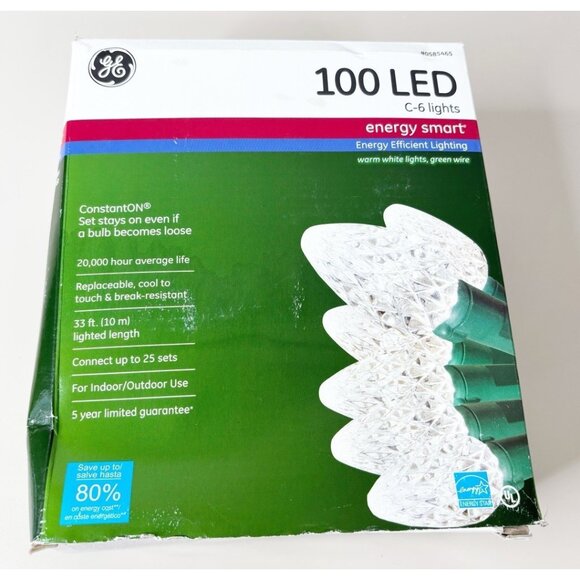 New GE LED String Lights 100 Ct Faceted C6 Bulbs Warm White Christmas ConstantOn - Picture 1 of 4